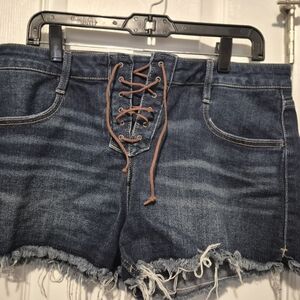 No Boundaries Dark Blue Lace-Up Frayed Hem Jean Shorts